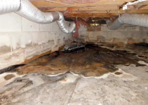 Crawlspace with visible moisture damage, mold growth, and exposed ductwork, illustrating the need for waterproofing and encapsulation services by Highlander Waterproofing to prevent structural issues and improve air quality.